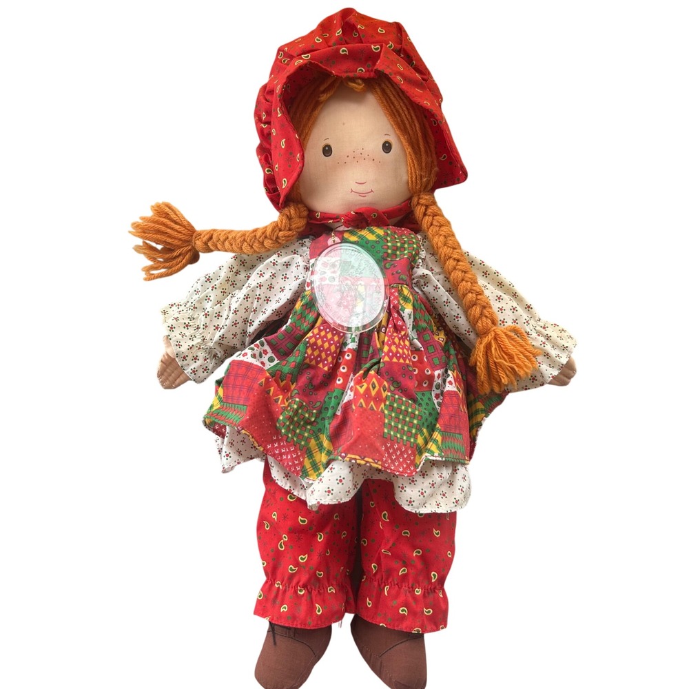 Holly Hobbie Rag Doll 1988 AmToy 18" Red Patchwork Dress Vintage Christmas Toy